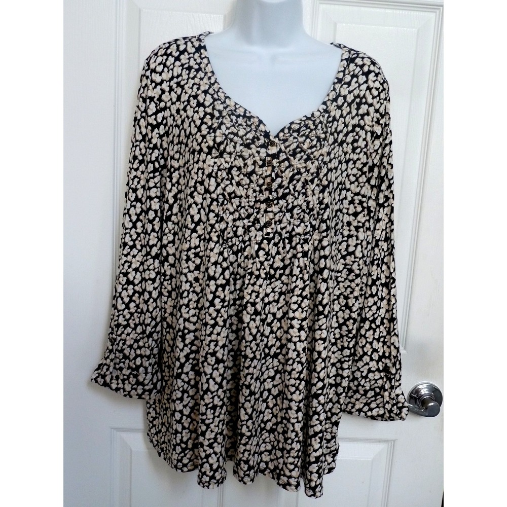Kim Rogers XL 16/18 Smocked Popover Top Abstract Black Beige White 3/4 Sleeve